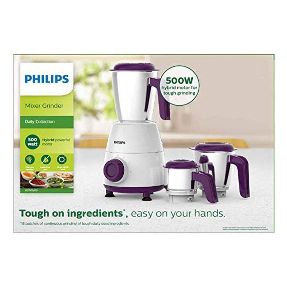 Philips HL7505 Daily Collection 500W mixer grinder in white and purple with three stainless steel jars, model PH-1001-MG.