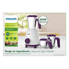 Philips HL7505 Daily Collection 500W mixer grinder in white and purple with three stainless steel jars, model PH-1001-MG.