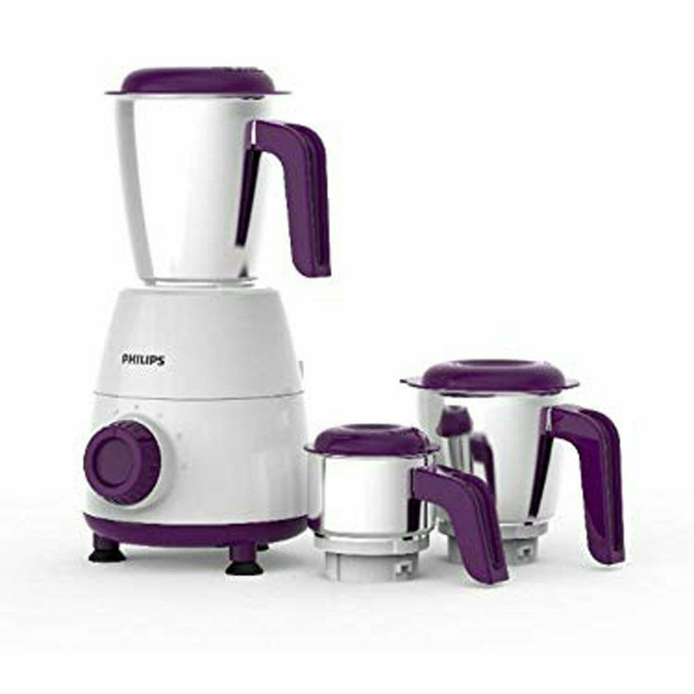 Philips HL7505 500W mixer grinder in white and purple with three stainless steel jars, model PH-1001-MG.