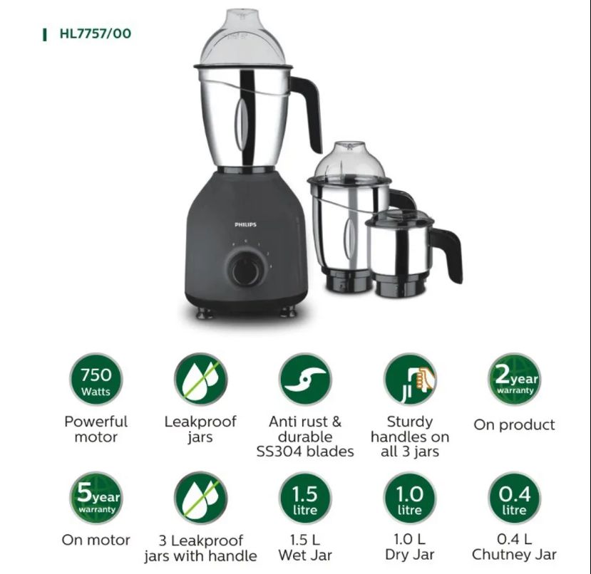 Philips HL7757/00 750W black mixer grinder with three stainless steel jars, model PH-1015-MG.
