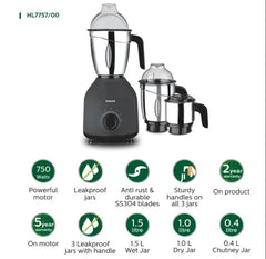 Philips HL7757/00 750W black mixer grinder with three stainless steel jars, model PH-1015-MG.