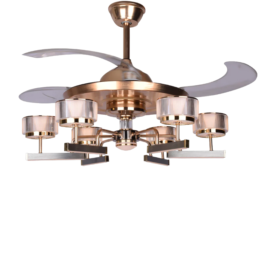 Qulik Q-6296 48 Inch Modern Chandelier Ceiling Fan - 4-Blade, LED Light, 3 Color Change, Remote Control (Golden)