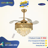 Yamada Alpha 42’’ Retractable Crystal Silent 3 Light Change LED Chandelier with Remote Invisible Blade Golden Crystal  Y-514