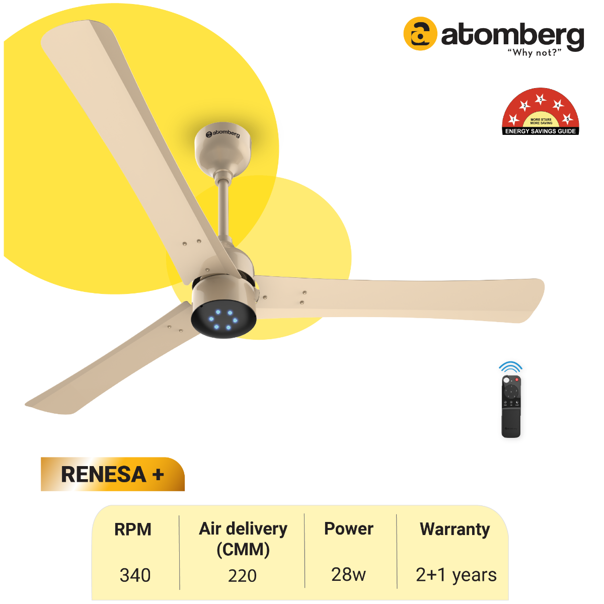 Atomberg Renesa + 48" 32W BLDC motor Energy Saving Anti-Dust Speed Indicator Light Ceiling Fan with Remote Control  ( Metallic Gold ) AT-108Atomberg Renesa + 48" 32W BLDC motor Energy Saving Anti-Dust Speed Indicator Light Ceiling Fan with Remote Control  ( Metallic Gold ) AT-108