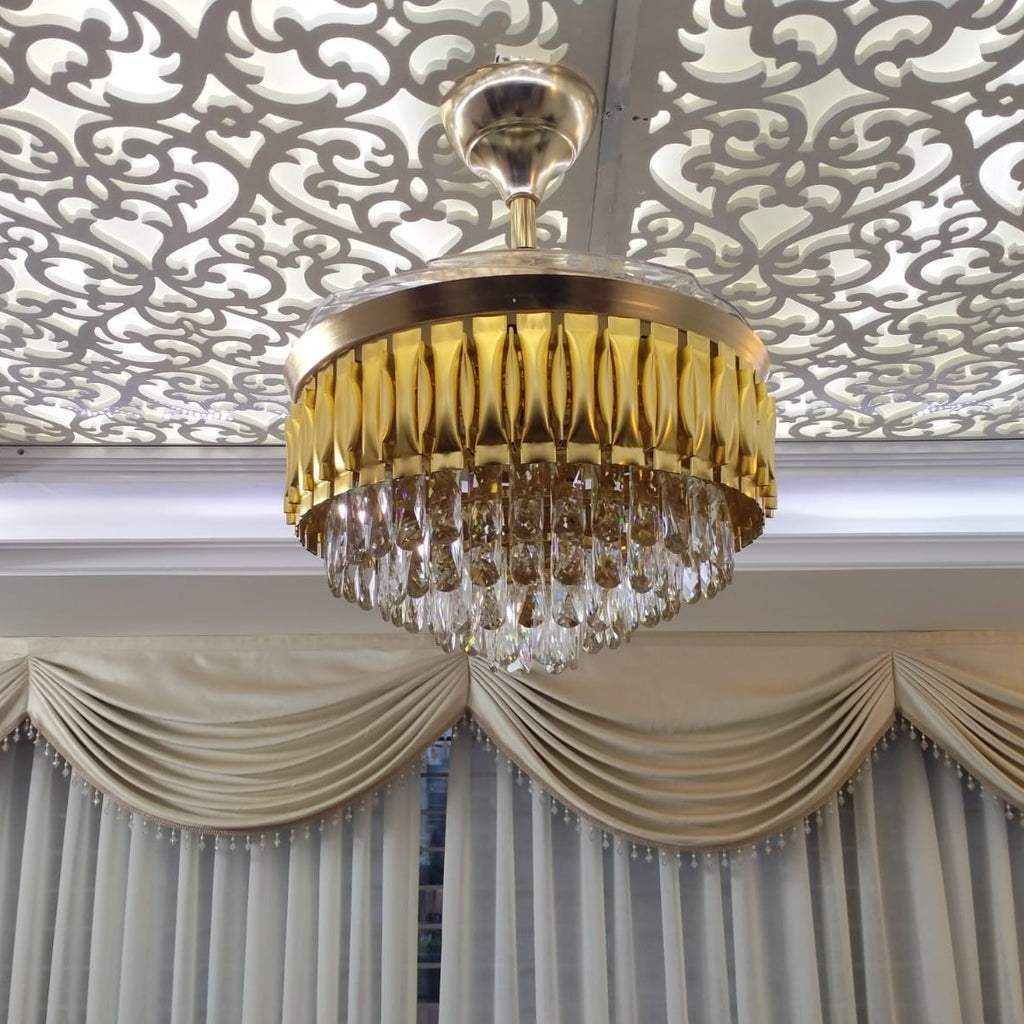 Yamada Alpha 42’’ Retractable Crystal Silent 3 Light Change LED Chandelier with Remote Invisible Blade Golden Crystal  Y-515